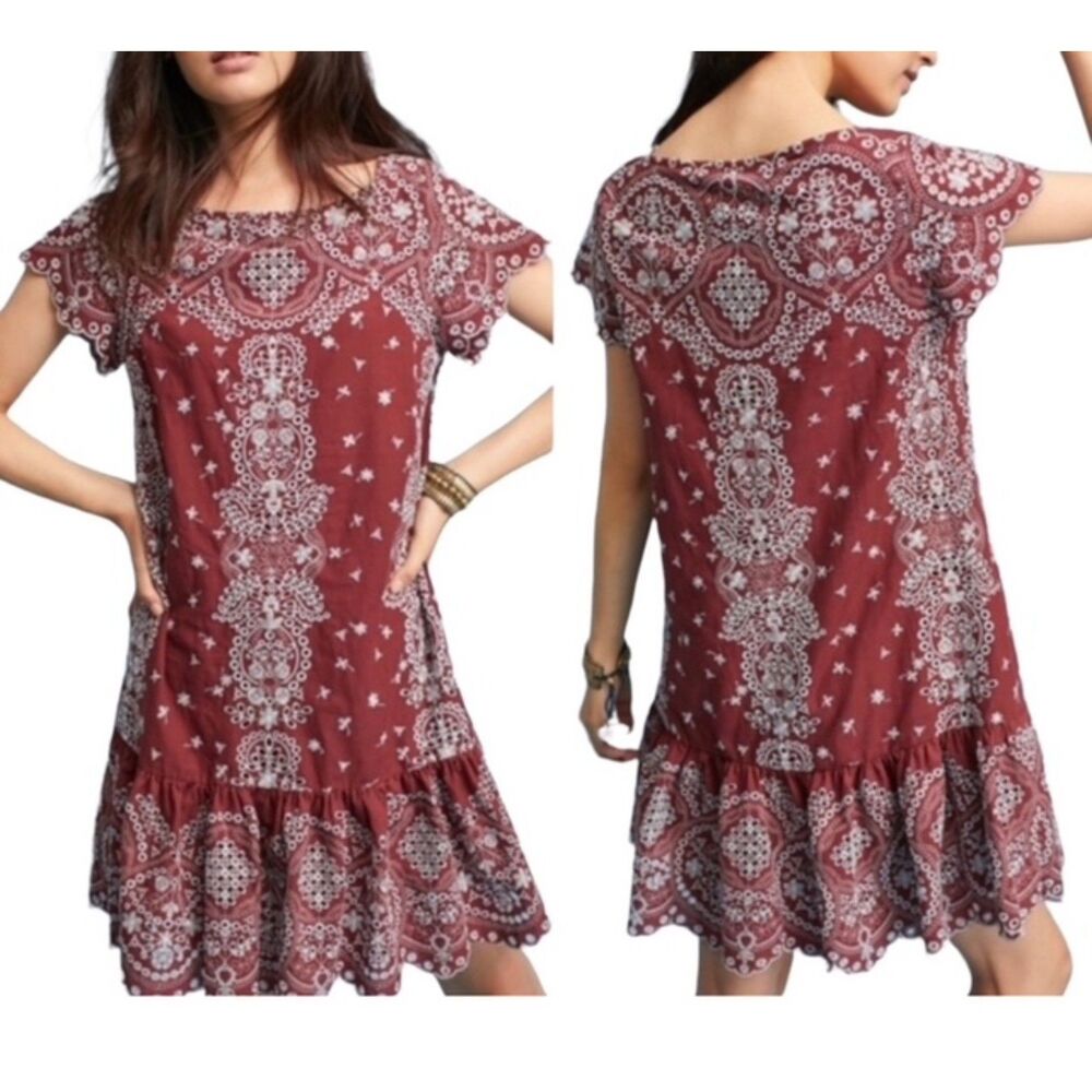 Anthropologie Feather Bone "Ynez" Eyelet Flounce Embroidered Tunic Shift Dress M